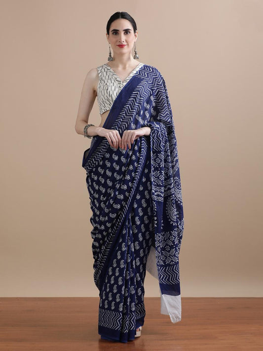 Bagru Block Print Cotton mulmul Saree Style 160