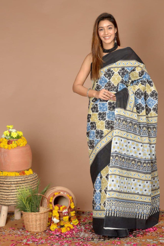 Bagru Block Print Cotton mulmul Saree Style 175