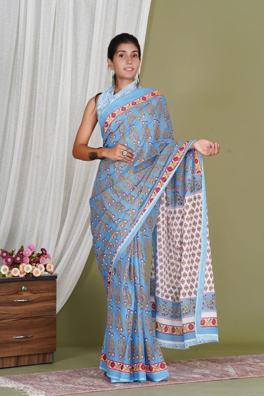 Bagru Block Print Cotton mulmul Saree Style 189