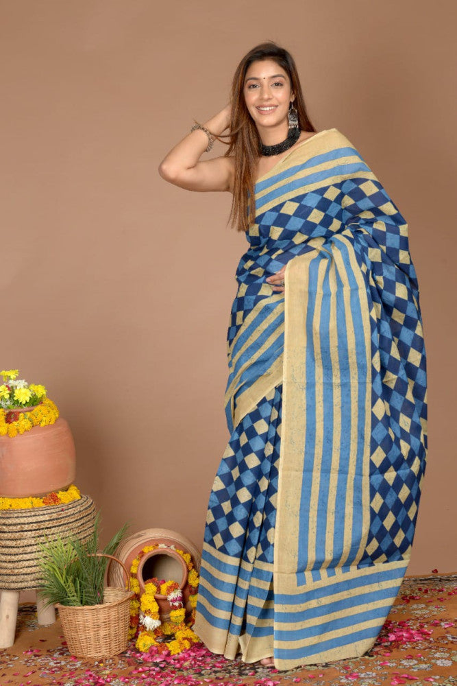 Bagru Block Print Cotton mulmul Saree Style 191