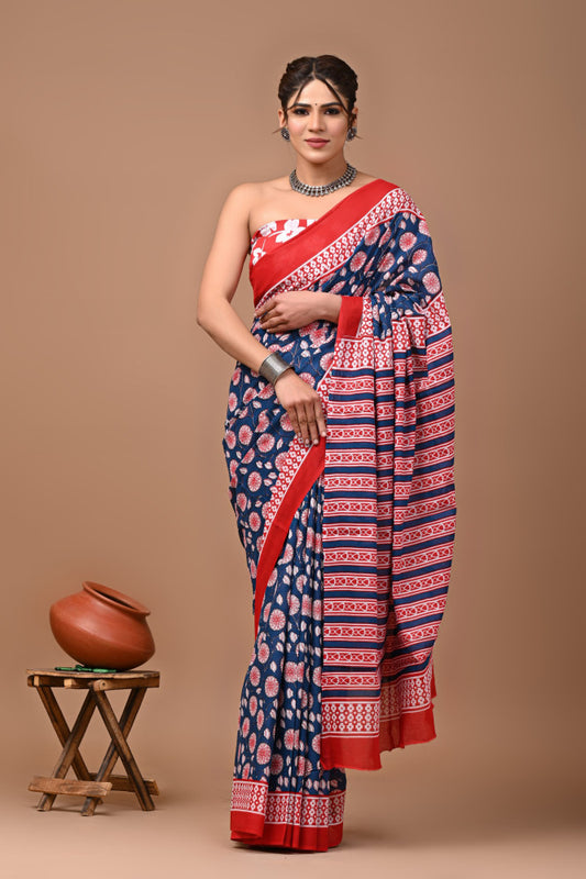 Bagru Block Print Cotton mulmul Sarees Style 12