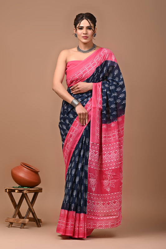 Bagru Block Print Cotton mulmul Sarees Style 14