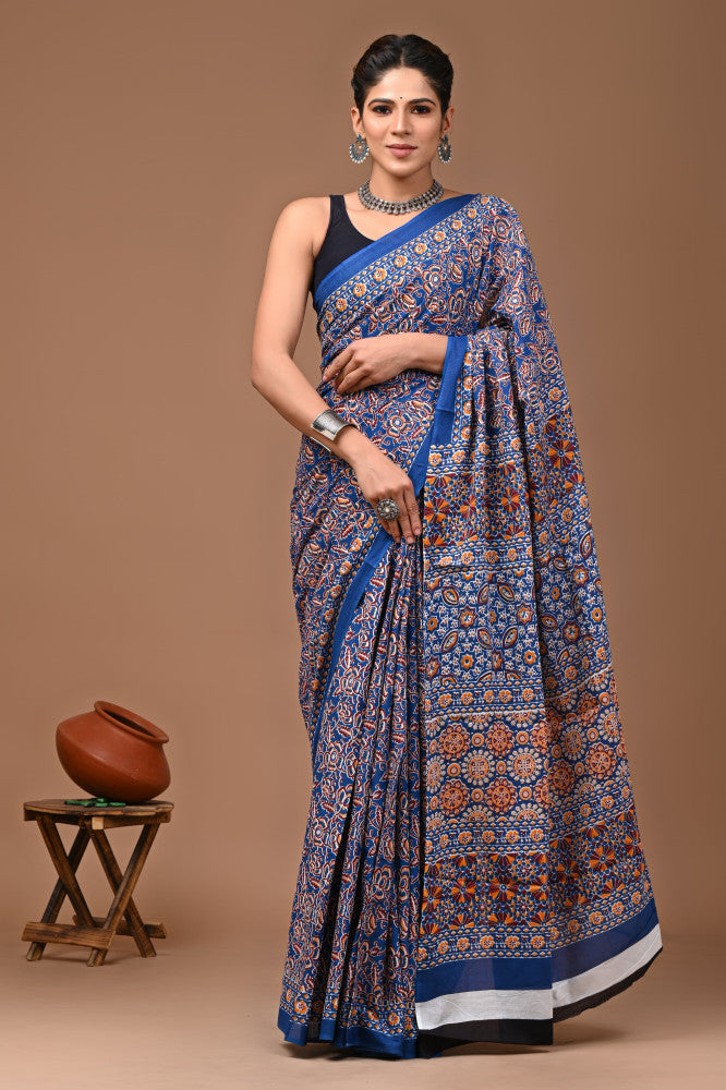 Bagru Block Print Cotton mulmul Sarees Style 17