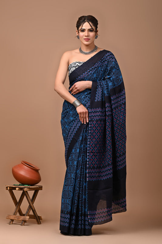 Bagru Block Print Cotton mulmul Sarees Style 19