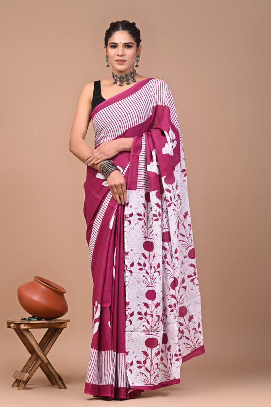 Bagru Block Print Cotton mulmul Sarees Style 2