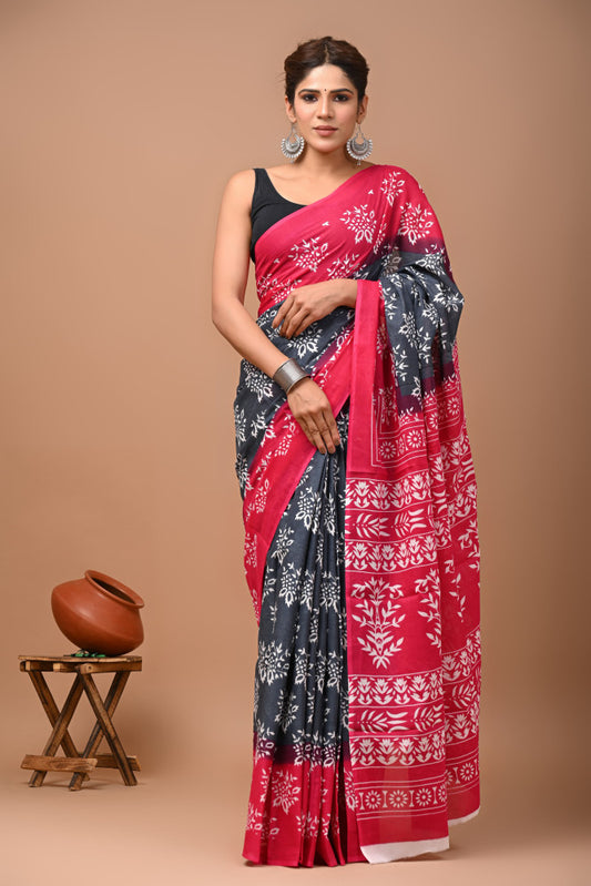 Bagru Block Print Cotton mulmul Sarees Style 25