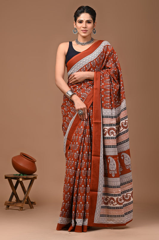 Bagru Block Print Cotton mulmul Sarees Style 52