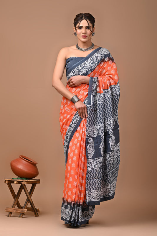 Bagru Block Print Cotton mulmul Sarees Style 59