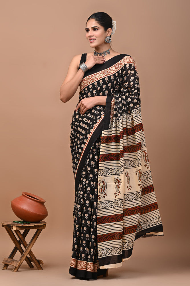 Bagru Block Print Cotton mulmul Sarees Style 74