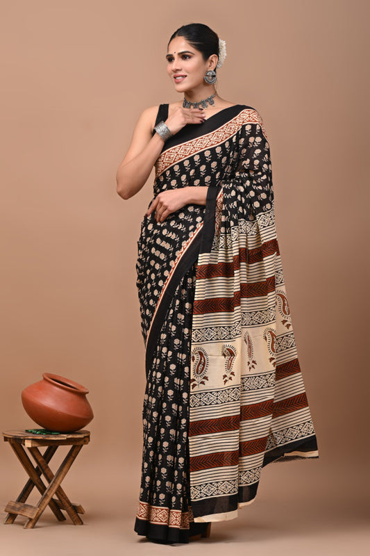 Bagru Block Print Cotton mulmul Sarees Style 74