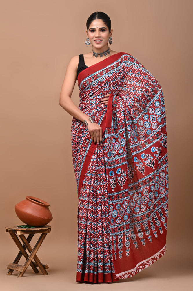 Bagru Block Print Cotton mulmul Sarees Style 76