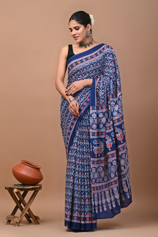 Bagru Block Print Cotton mulmul Sarees Style 8