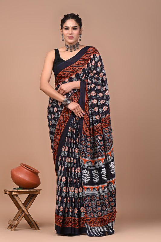 Bagru Block Print Cotton mulmul Sarees Style 80
