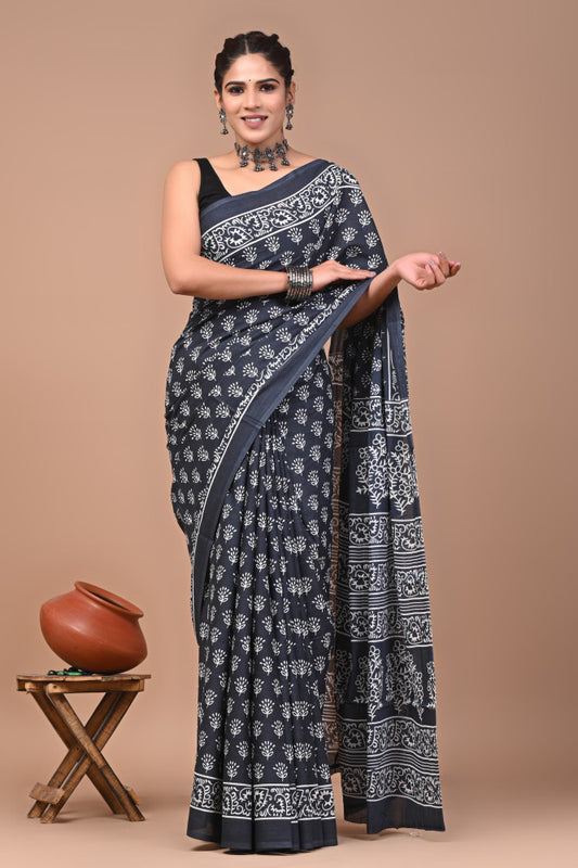 Bagru Block Print Cotton mulmul Sarees Style 82