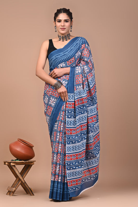 Bagru Block Print Cotton mulmul Sarees Style 83