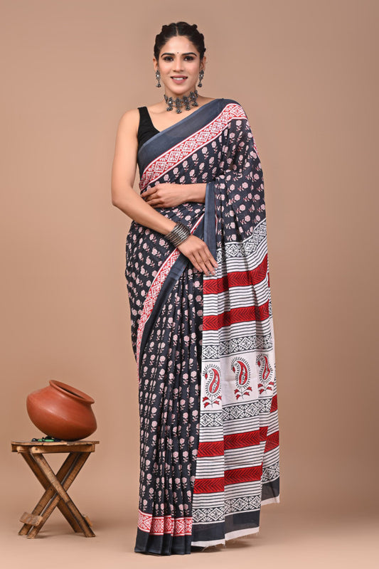 Bagru Block Print Cotton mulmul Sarees Style 90