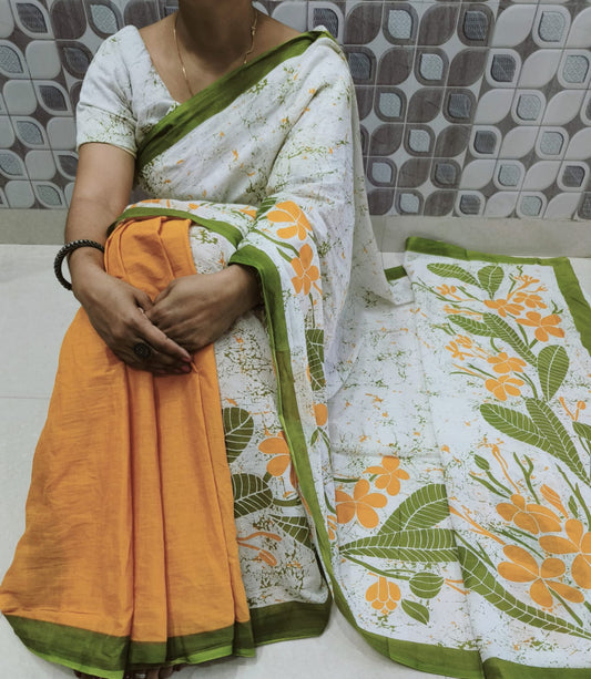 Bagru Block Print Cotton mulmul sarees with blouse Style 1
