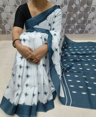 Bagru Block Print Cotton mulmul saree with blouse Style 10