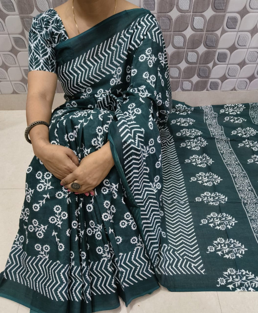 Bagru Block Print Cotton mulmul sarees with blouse Style 15