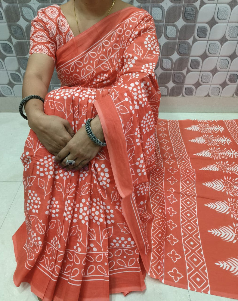 Bagru Block Print Cotton mulmul sarees with blouse Style 20