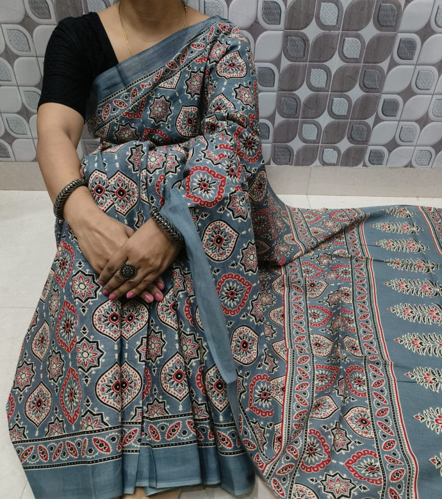 Bagru Block Print Cotton mulmul sarees with blouse Style 21