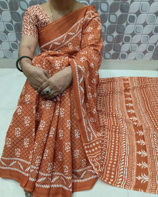Bagru Block Print Cotton mulmul sarees with blouse Style 22