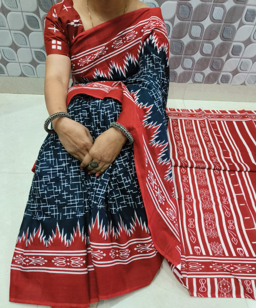 Bagru Block Print Cotton mulmul sarees with blouse Style 24