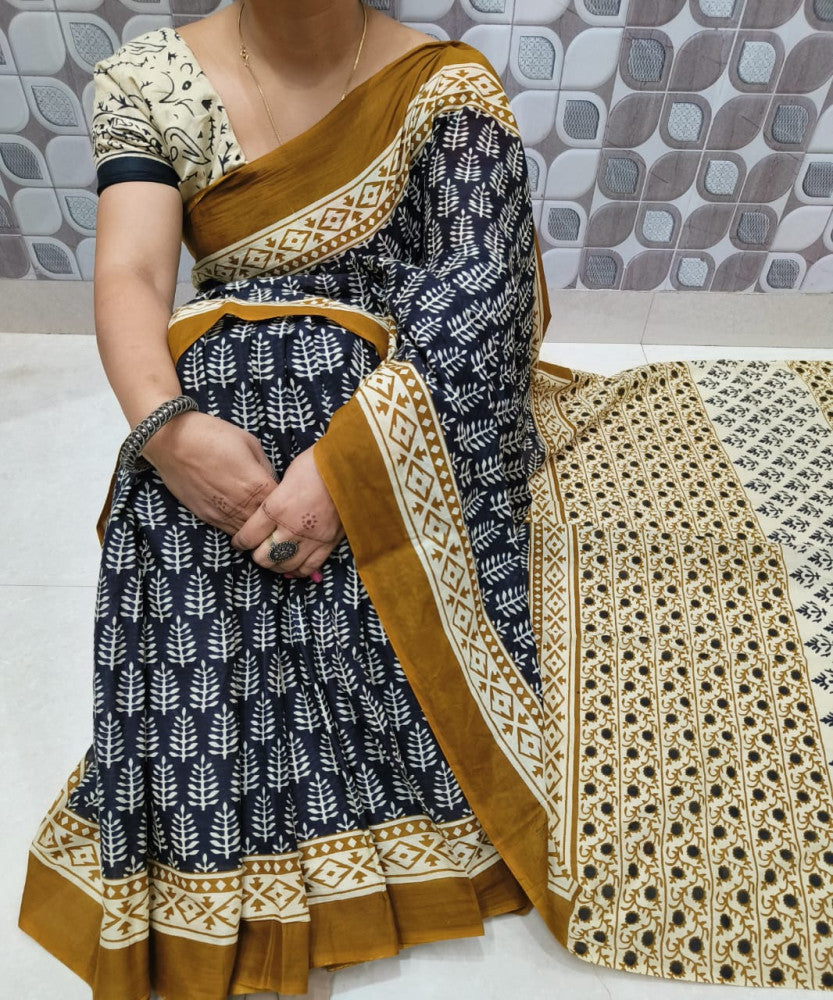 Bagru Block Print Cotton mulmul sarees with blouse Style 25