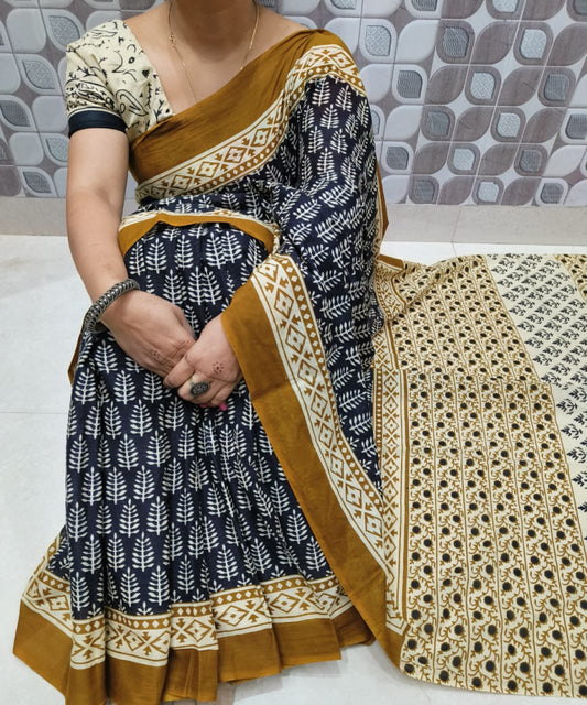 Bagru Block Print Cotton mulmul sarees with blouse Style 25