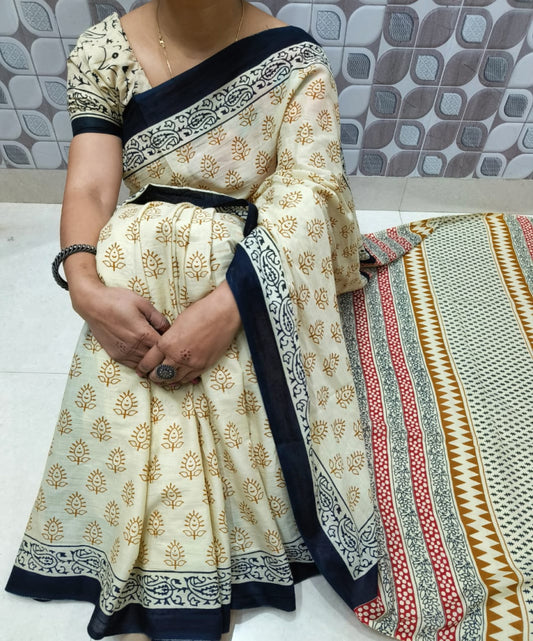Bagru Block Print Cotton mulmul sarees with blouse Style 27