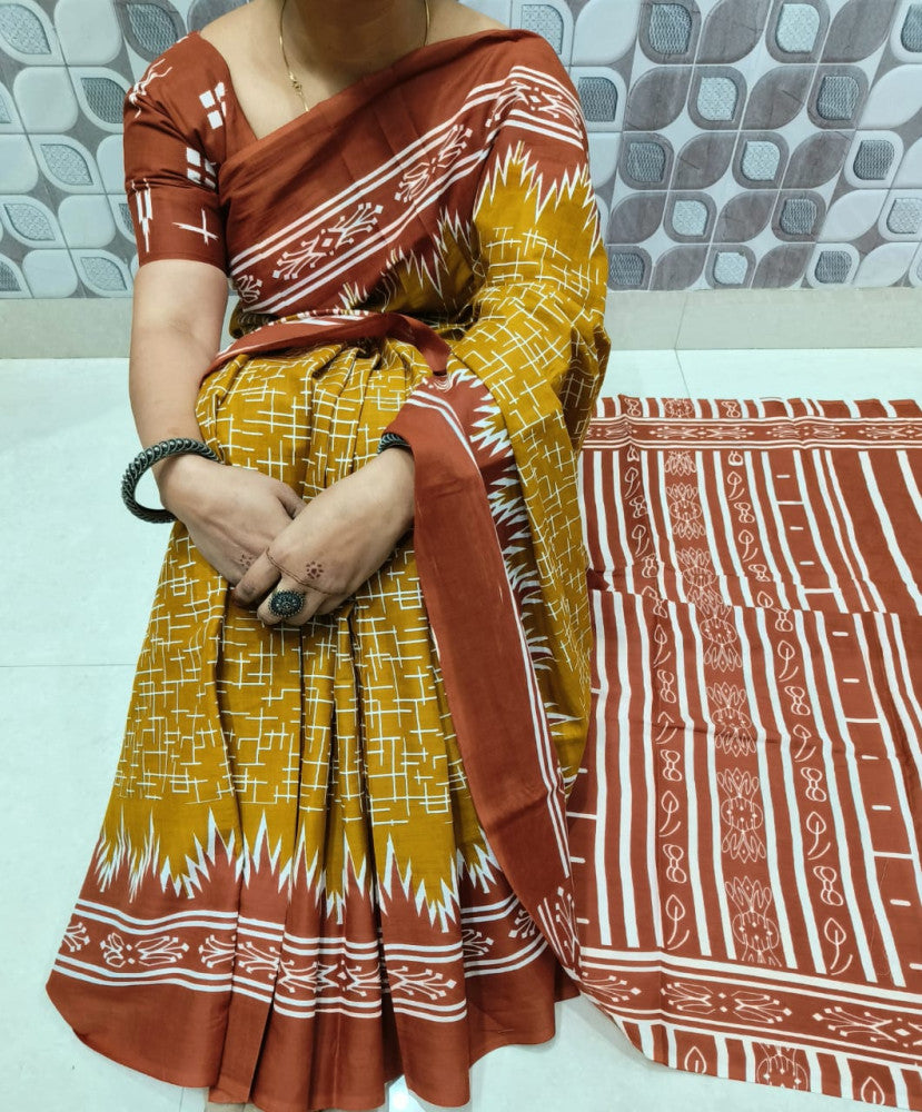 Bagru Block Print Cotton mulmul sarees with blouse Style 28