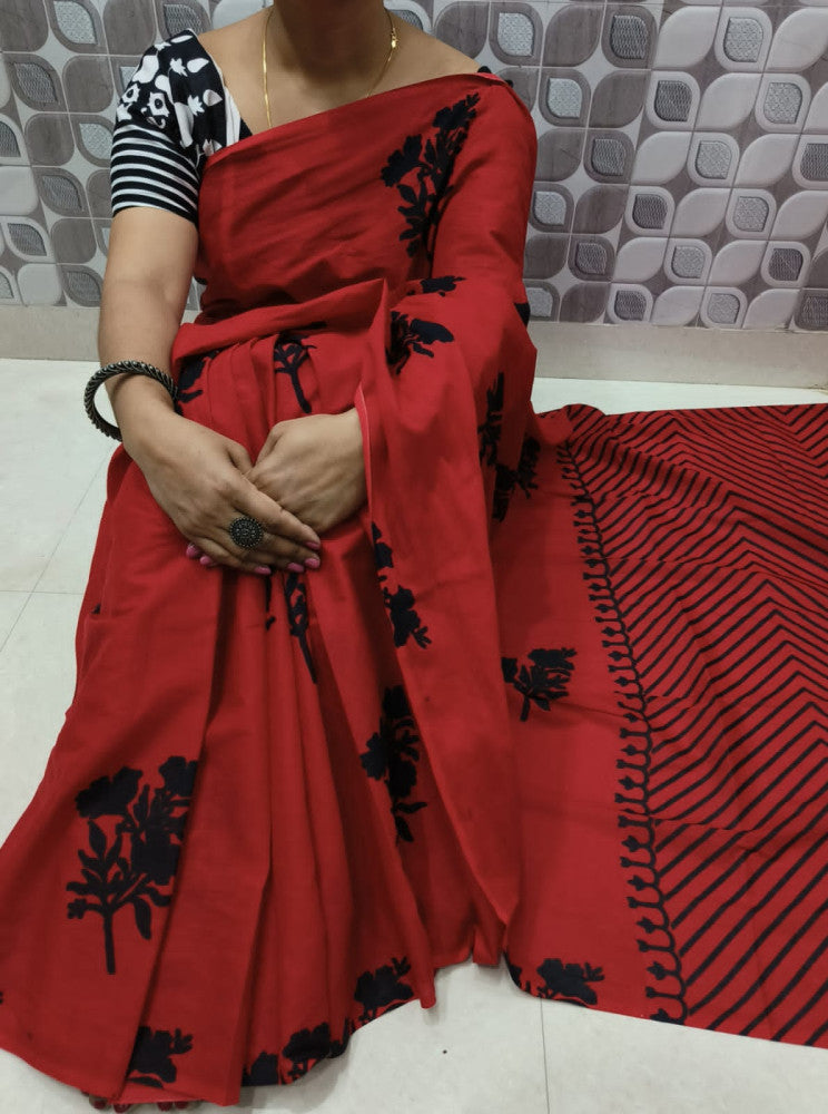 Bagru Block Print Cotton mulmul sarees with blouse Style 3