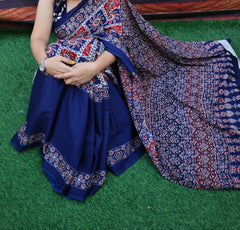 Bagru Block Print Cotton mulmul saree with blouse Style 30
