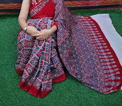 Bagru Block Print Cotton mulmul saree with blouse Style 32