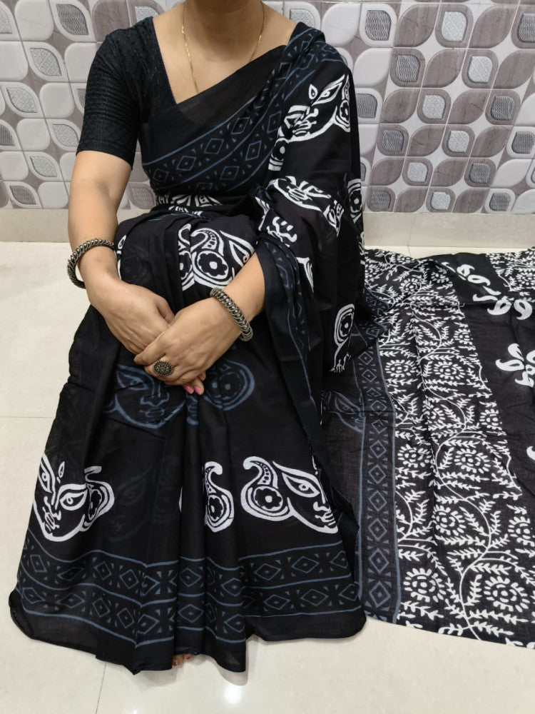 Bagru Block Print Cotton mulmul sarees with blouse Style 33