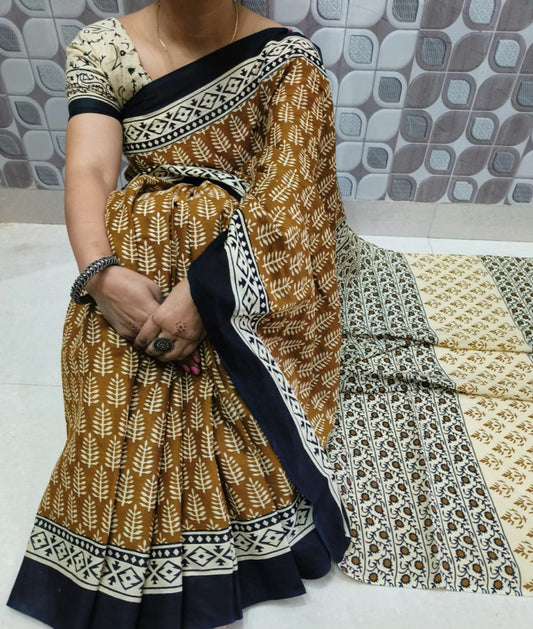 Bagru Block Print Cotton mulmul sarees with blouse Style 35