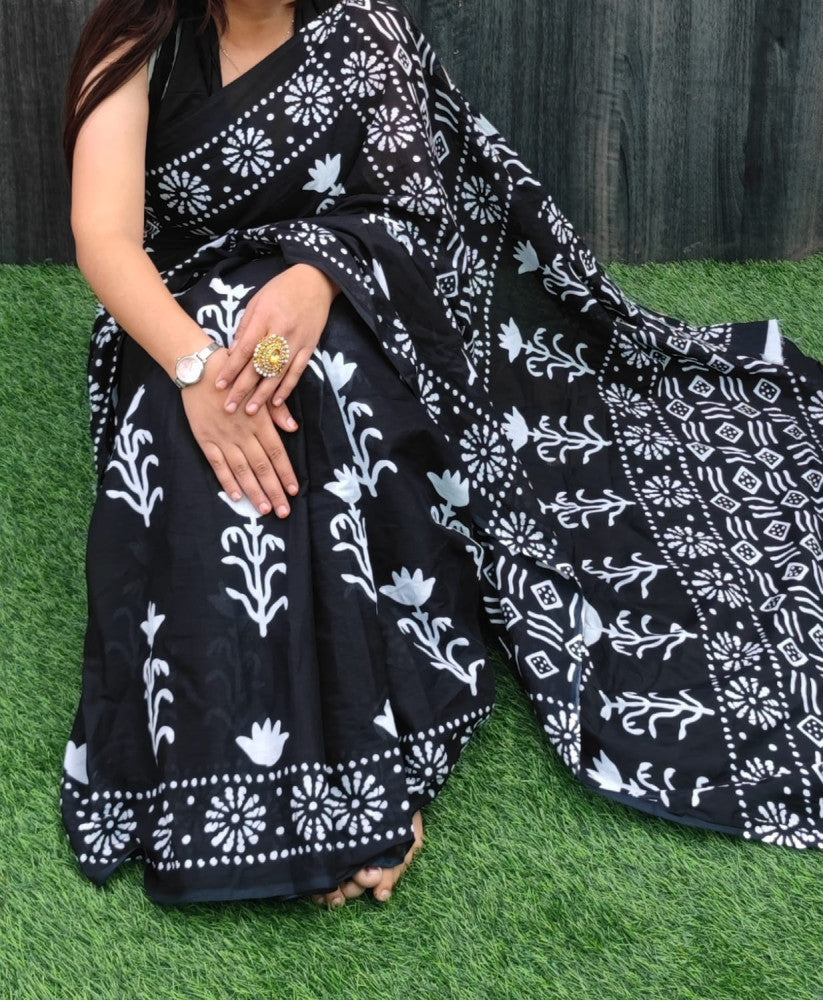 Bagru Block Print Cotton mulmul sarees with blouse Style 37