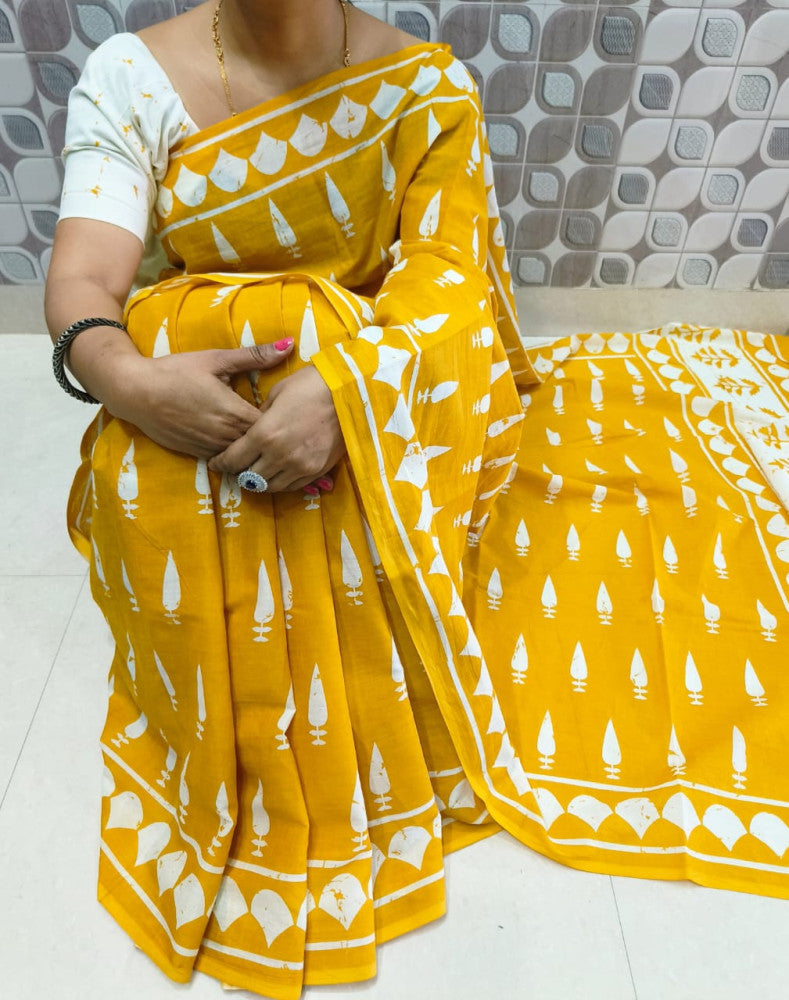 Bagru Block Print Cotton mulmul sarees with blouse Style 38