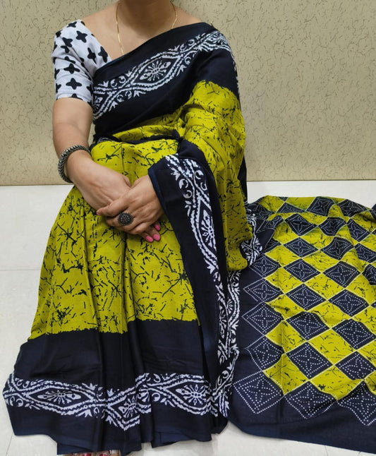 Bagru Block Print Cotton mulmul sarees with blouse Style 4