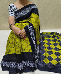 Bagru Block Print Cotton mulmul saree with blouse Style 4