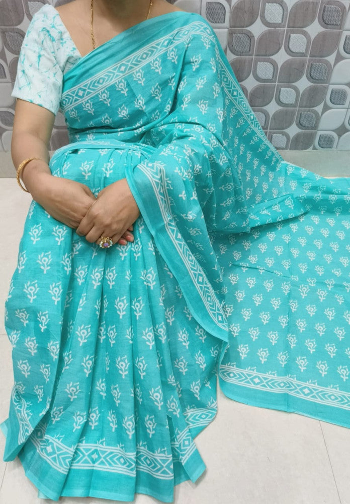 Bagru Block Print Cotton mulmul sarees with blouse Style 42