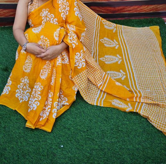 Bagru Block Print Cotton mulmul sarees with blouse Style 46