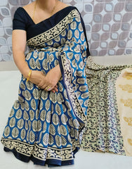 Bagru Block Print Cotton mulmul sarees with blouse Style 47
