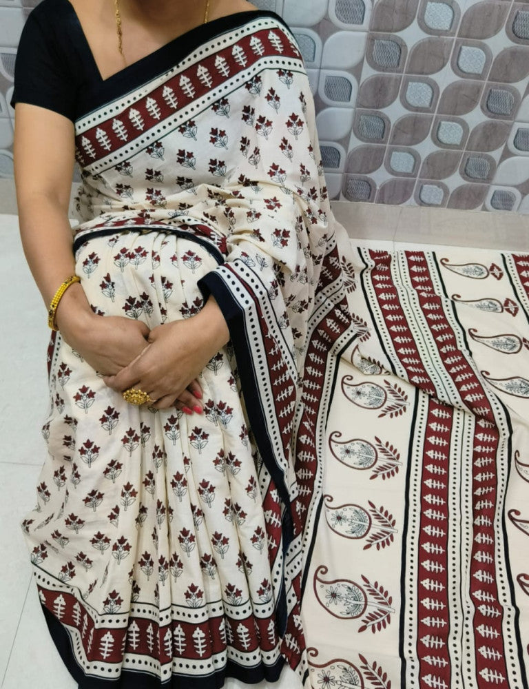 Bagru Block Print Cotton mulmul sarees with blouse Style 48