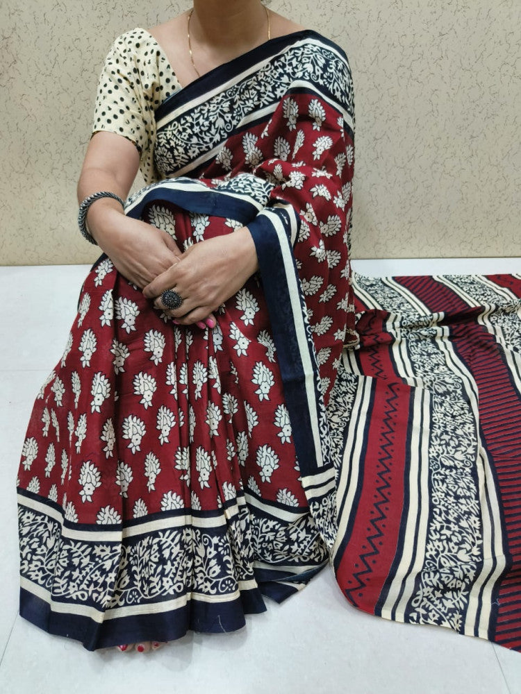 Bagru Block Print Cotton mulmul sarees with blouse Style 6