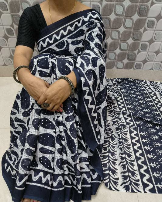 Bagru Block Print Cotton mulmul sarees with blouse Style 7