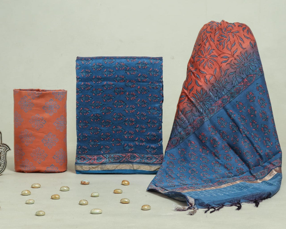 Bagru Hand Block Chanderi Silk Dress material Style 27 - Gi Heritage