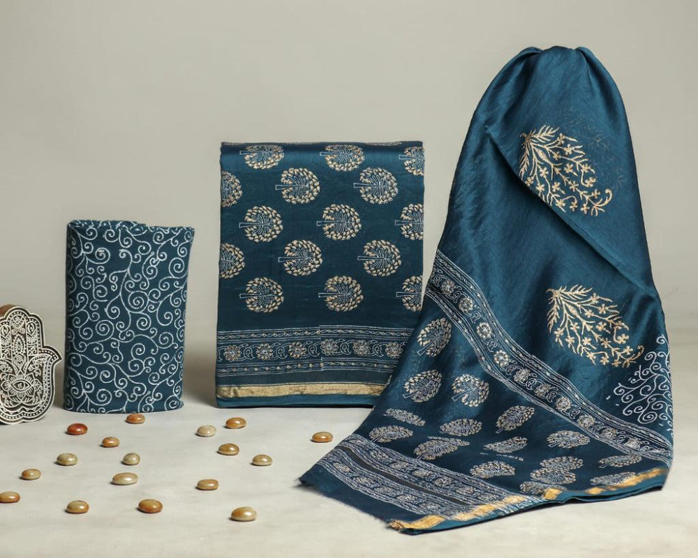 Bagru Hand Block Chanderi Silk Dress material Style 35