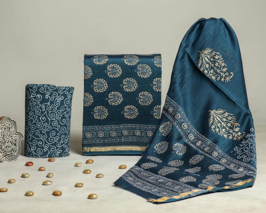 Bagru Hand Block Chanderi Silk Dress material Style 35