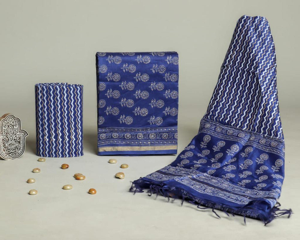 Bagru Hand Block Chanderi Silk Dress material Style 43 - Gi Heritage